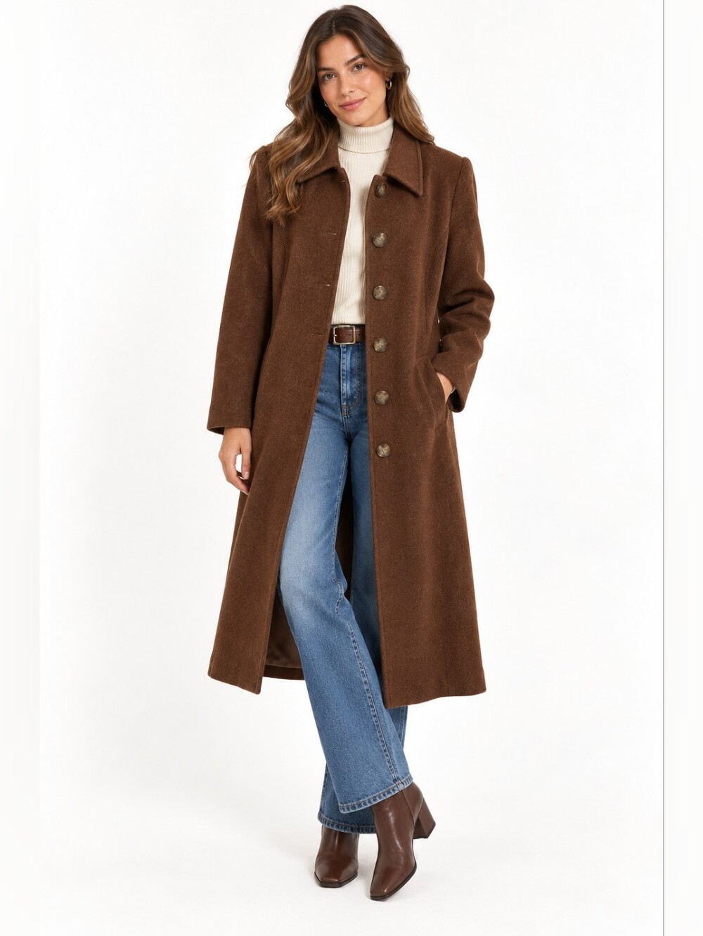 Women's Alpaca Ella Fashion Brown Long Coat M